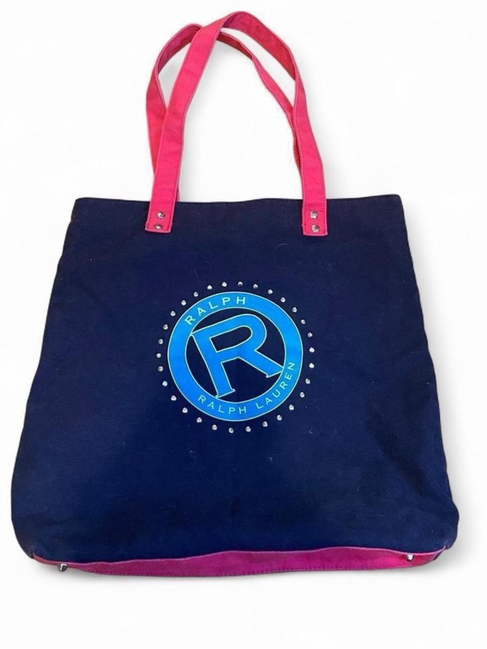 Ralph Lauren Navy Canvas Tote with Pink Handles and Blue Logo Emblem